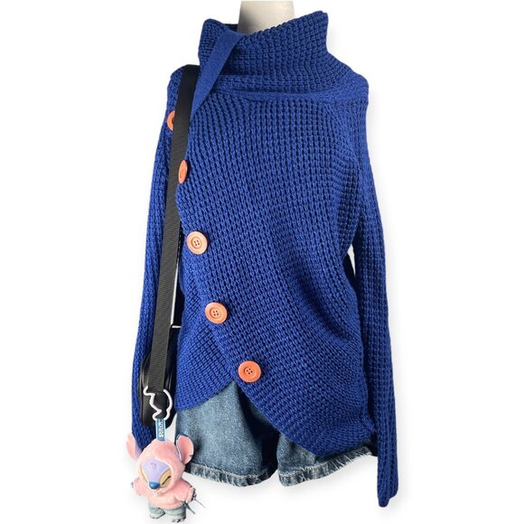 Grecerelle Knit Sweater Women’s Medium Royal Blue Asymmetrical Button Cozy Fall - Picture 1 of 7